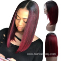 180% density Glueless Remy Peruvian Human Hair ombre Dark Red 99j Lace Front Short Wavy Bob Wig